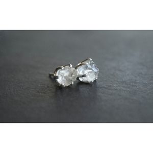 Sterling silver stud earrings, alternative diamond, uncut natural gemsto…